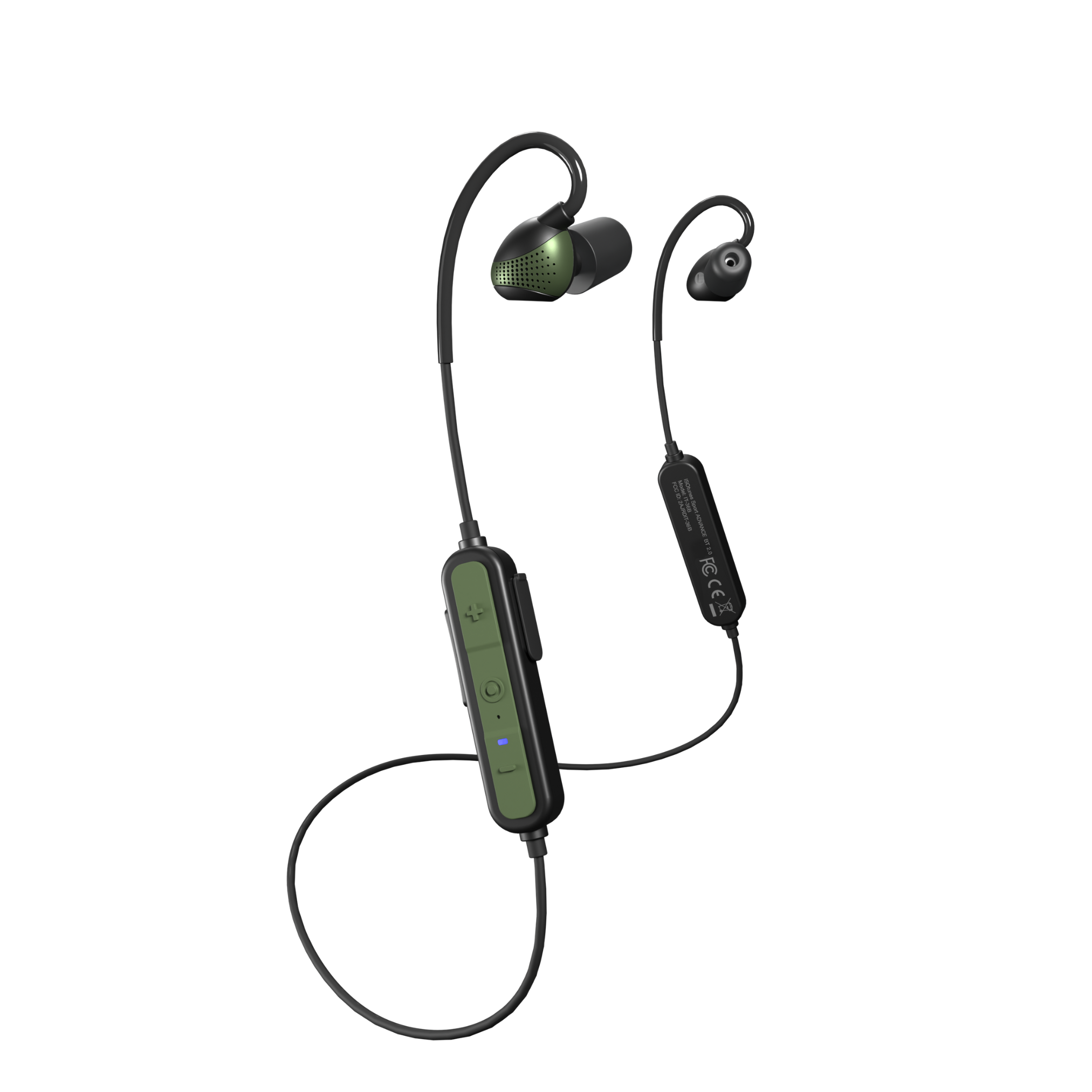 Green wired earbuds with a control unit on a white background