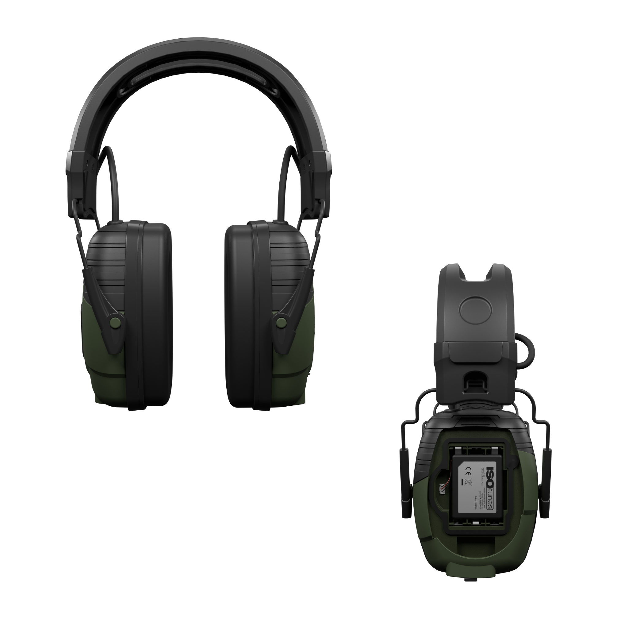 Black and green ear protection gear for shooting on a white background