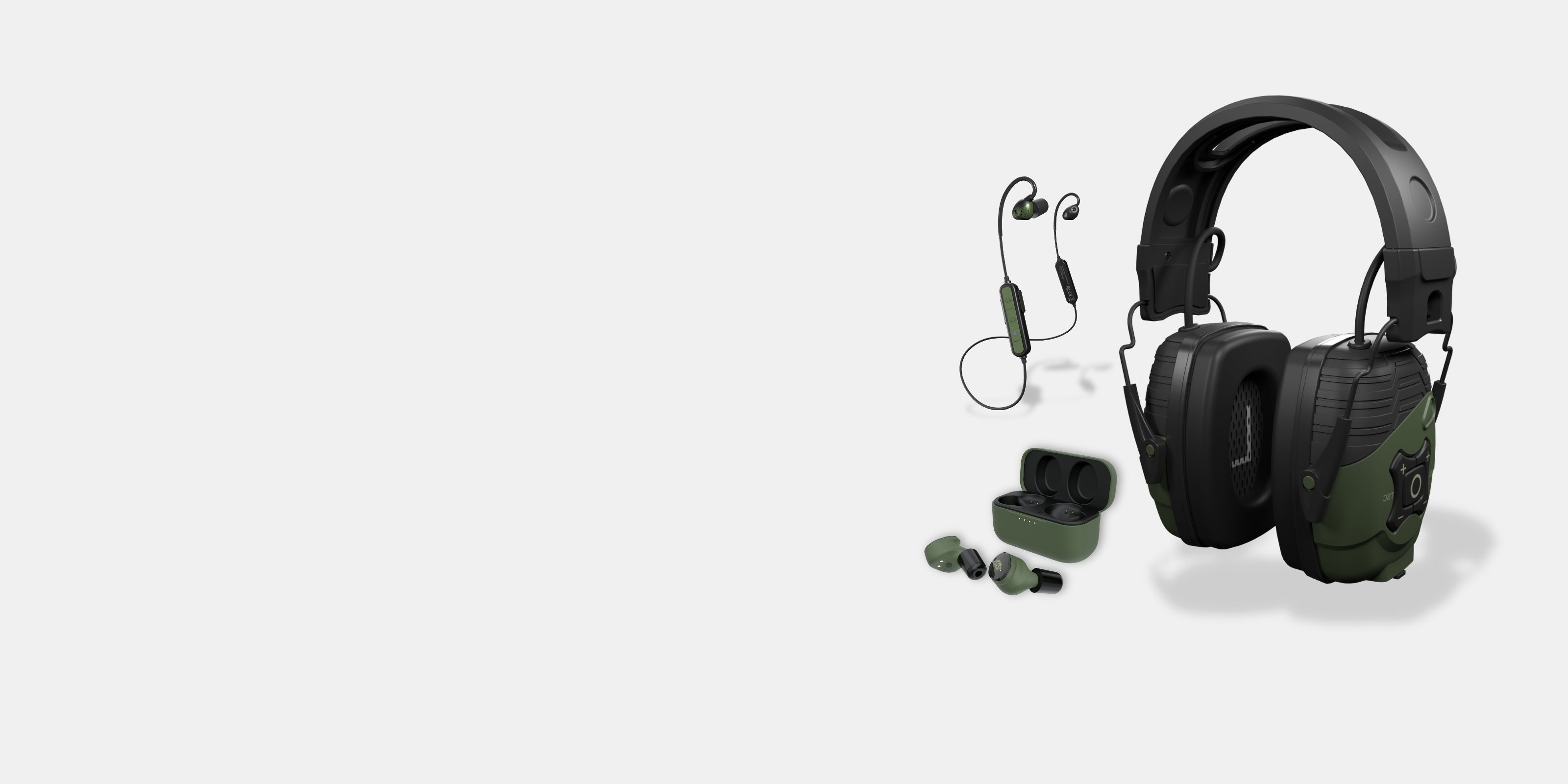 Set of green and black tactical headphones and earbuds on a white background