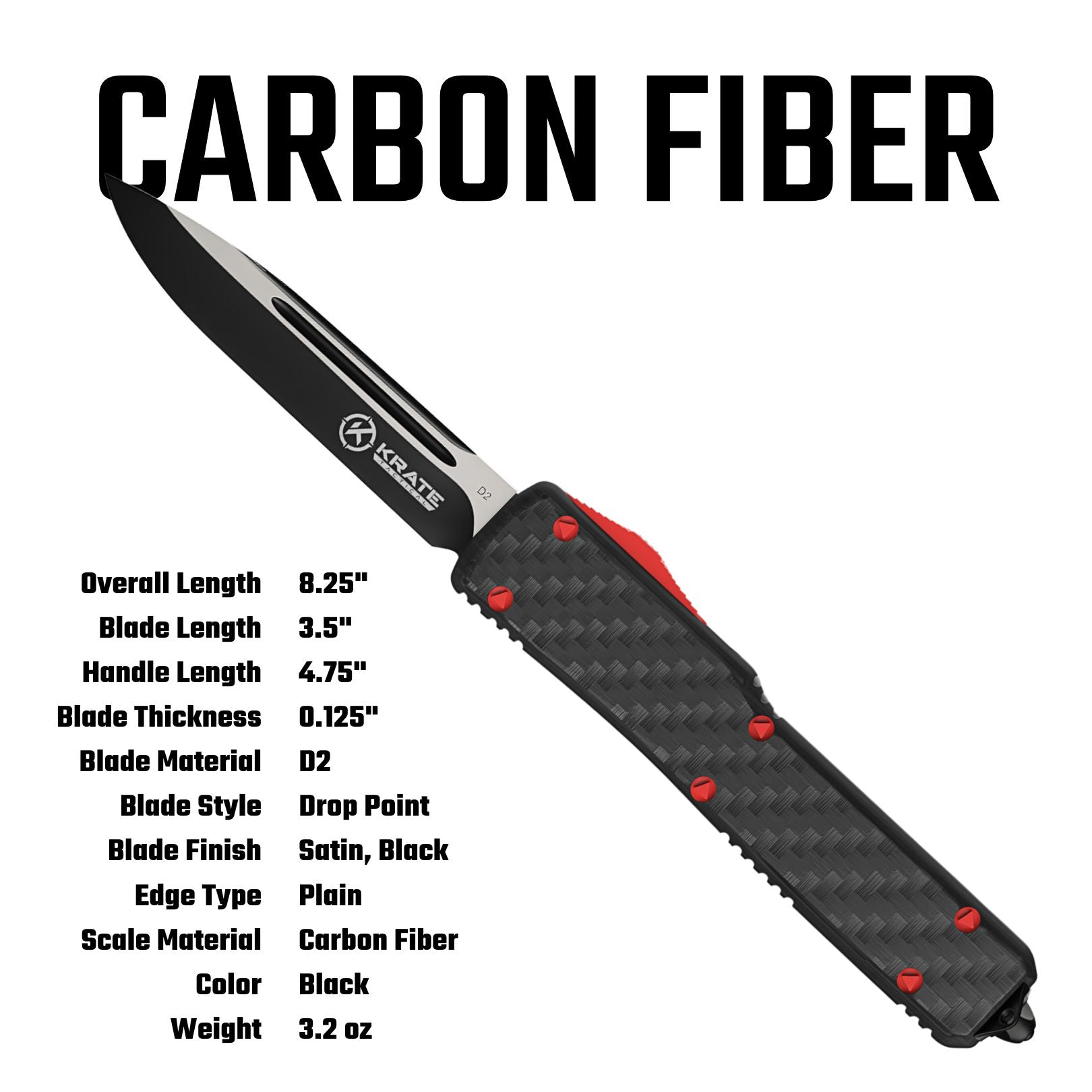 a black and red OTF knife shown diagonally on a white background with large 'CARBON FIBER' text at the top and a list of specifications on the left.