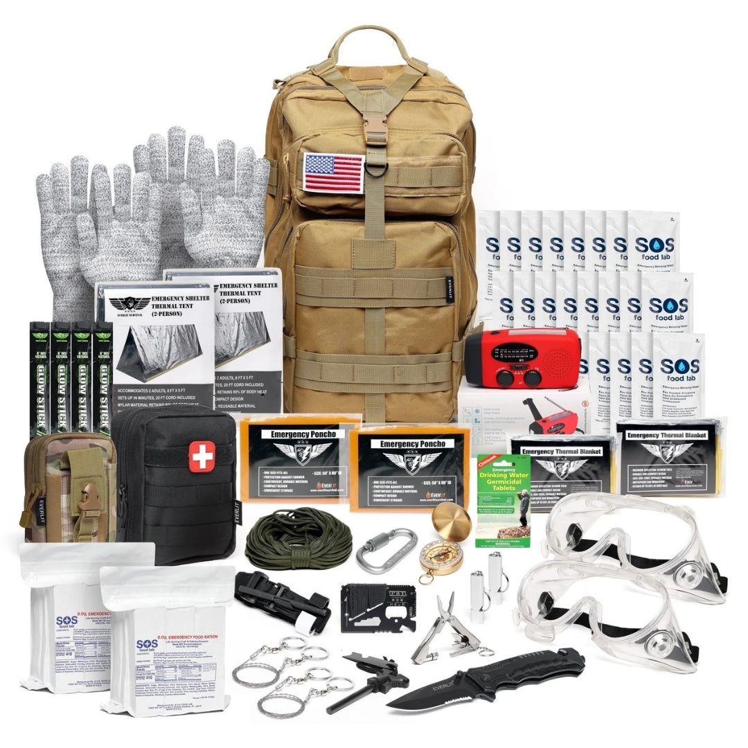 Collection of survival gear including a tan backpack, gloves, food packets, and tools on a white background.