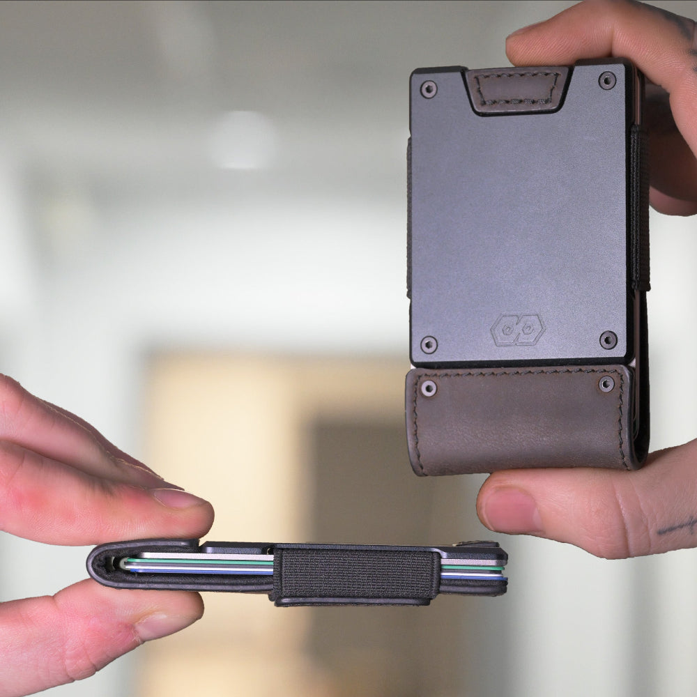 front and side view of dark leather proof wallet