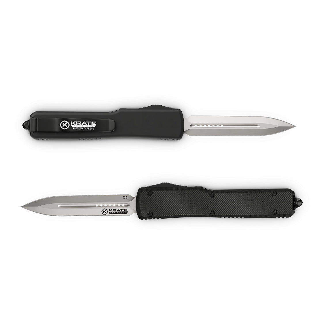 front and back view of ghost otf knife for edc, black finish, double blade