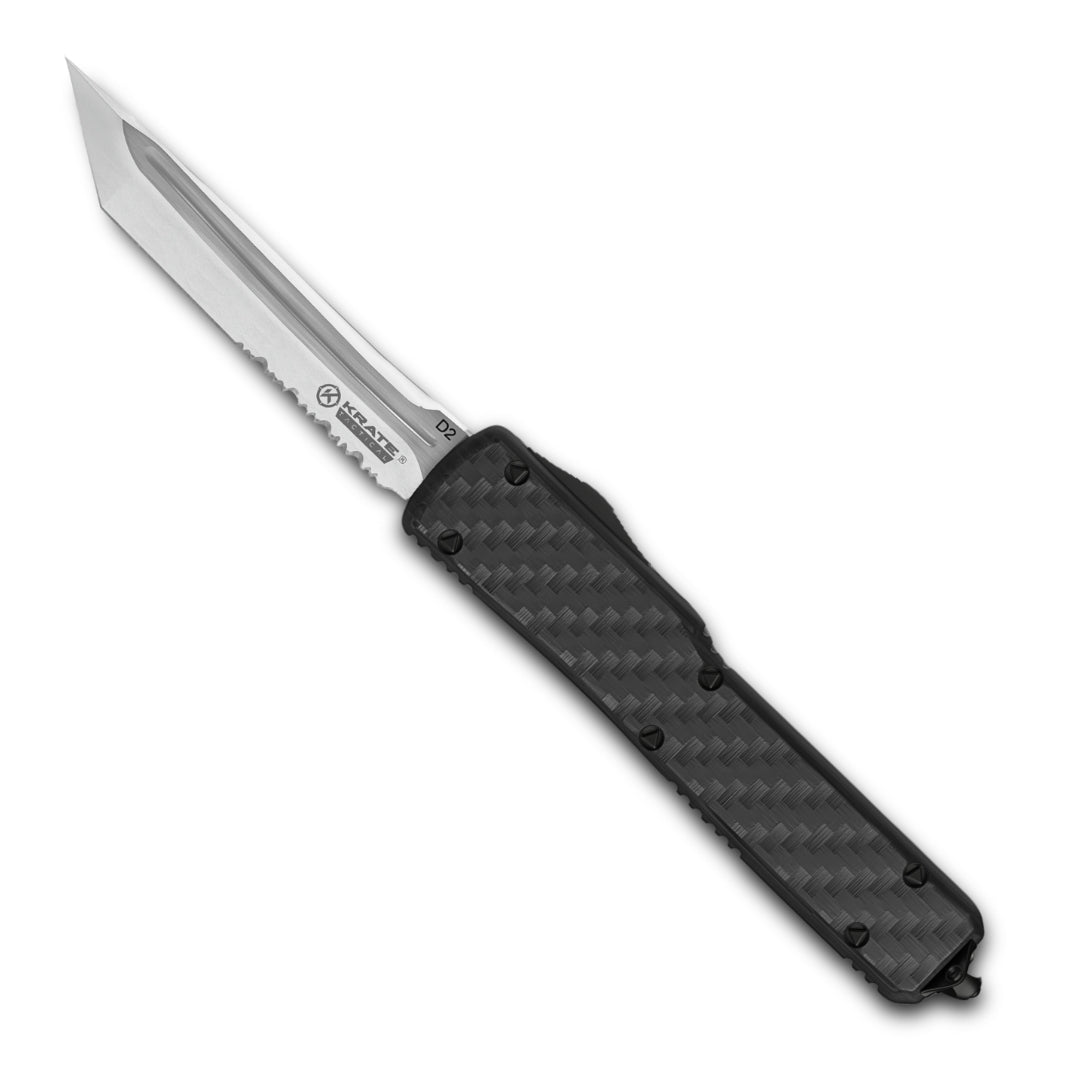 karma otf knife with black finish and partially serrated blade
