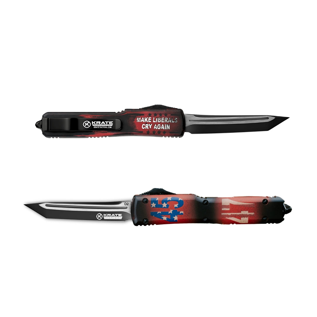front and back view of KRATE otf knife with 45th & 47th president front design and make liberals cry again written on the back
