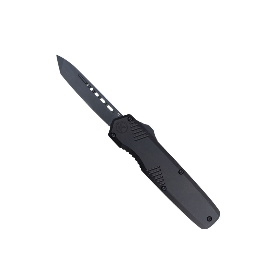 black otf knife with tanto blade on white background