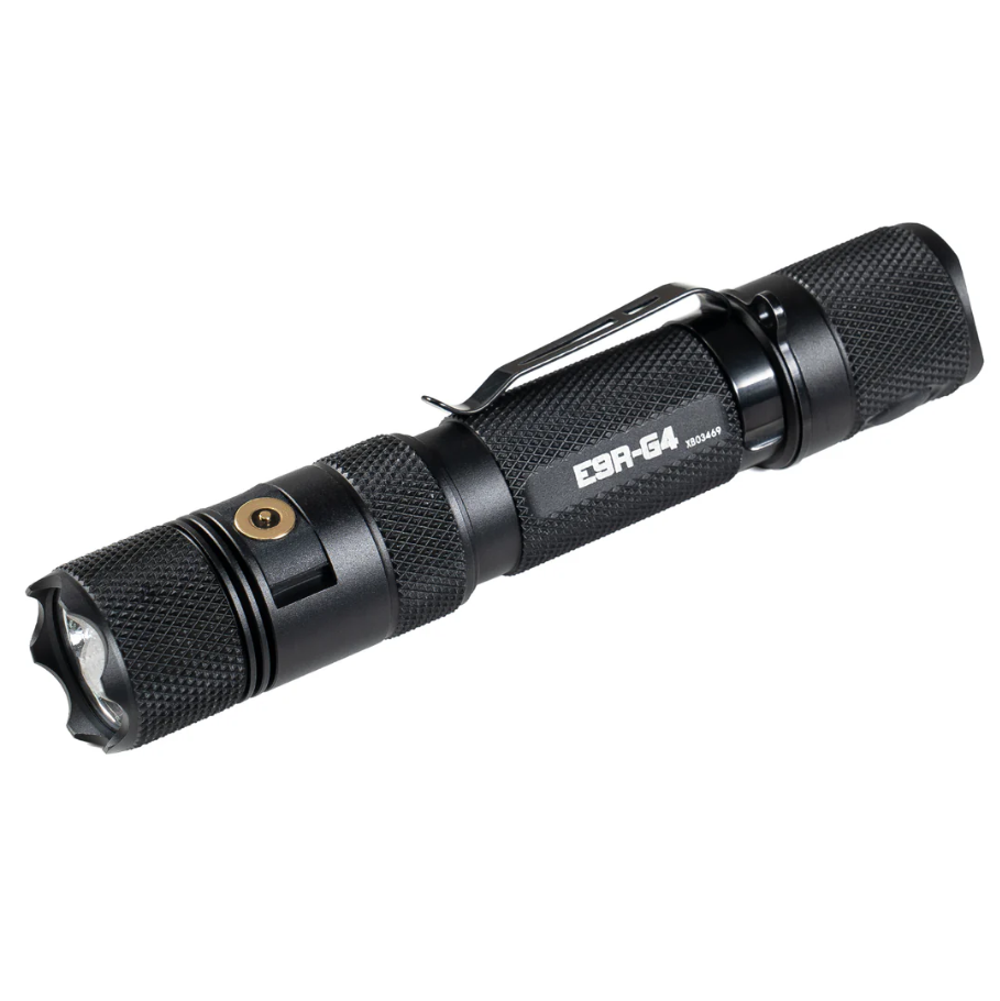 black powertac flashlight with E9R-G4 branding on a white background