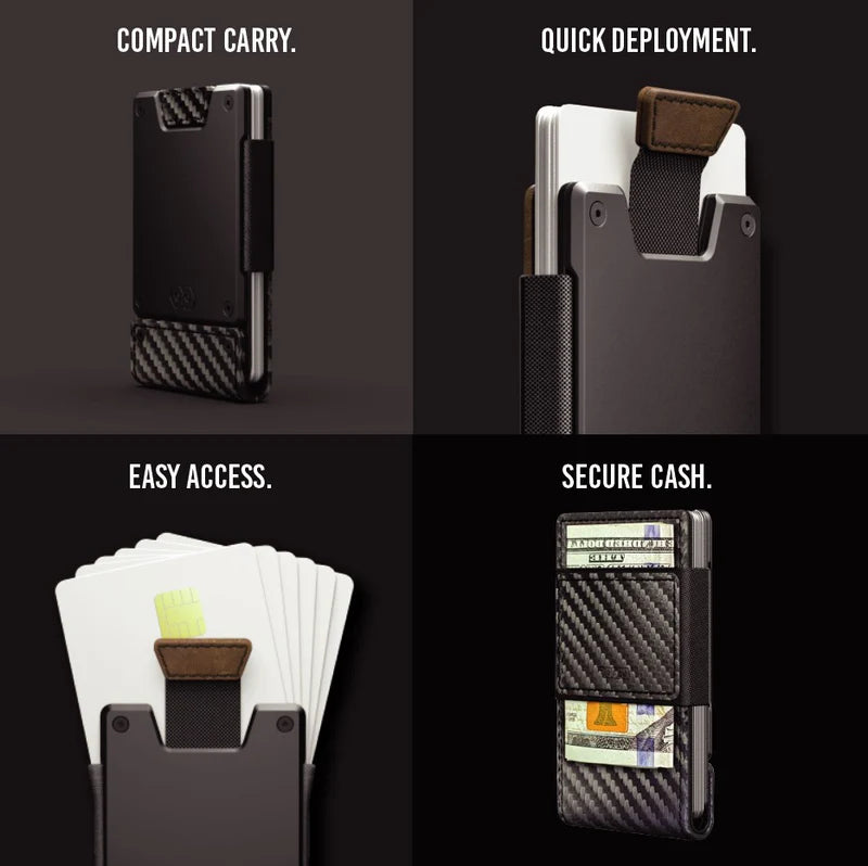 Carbon fiber wallet with features highlighted on a black background