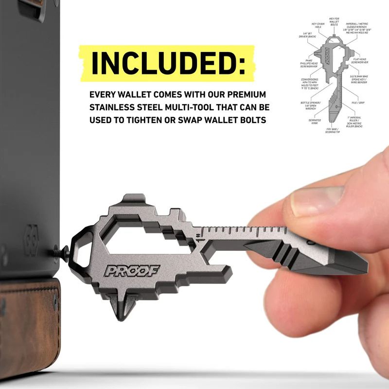 A stainless steel multi-tool keychain tool branded PROOF is shown being used to remove a wallet bolt.