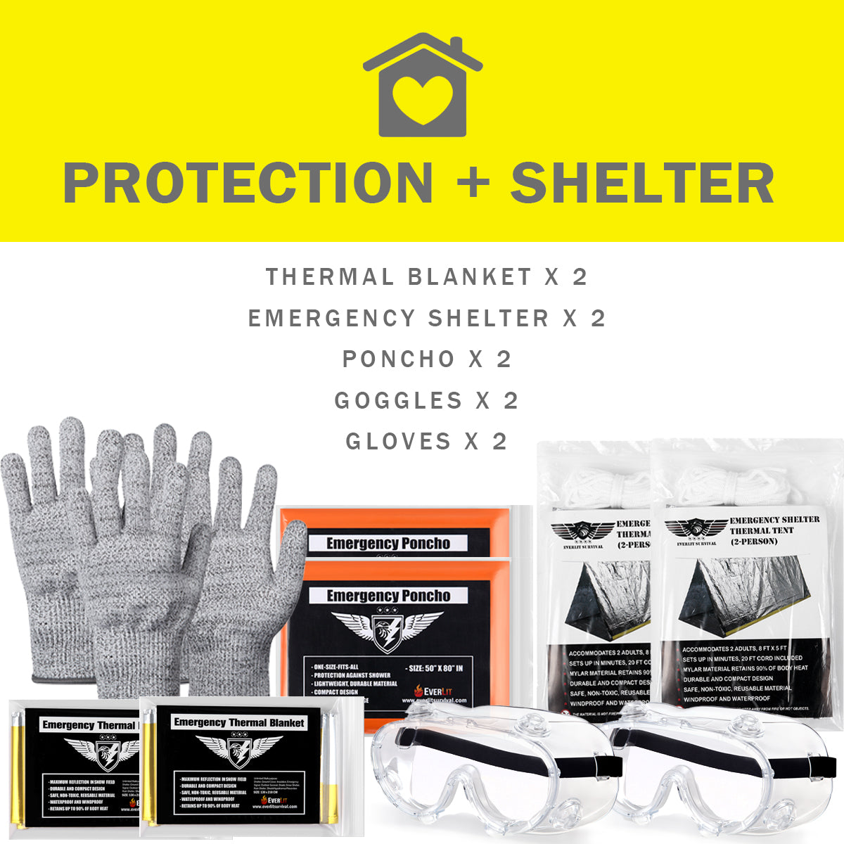 Emergency supplies inside the survival kit including thermal blankets, emergency shelter, ponchos, goggles, and gloves.
