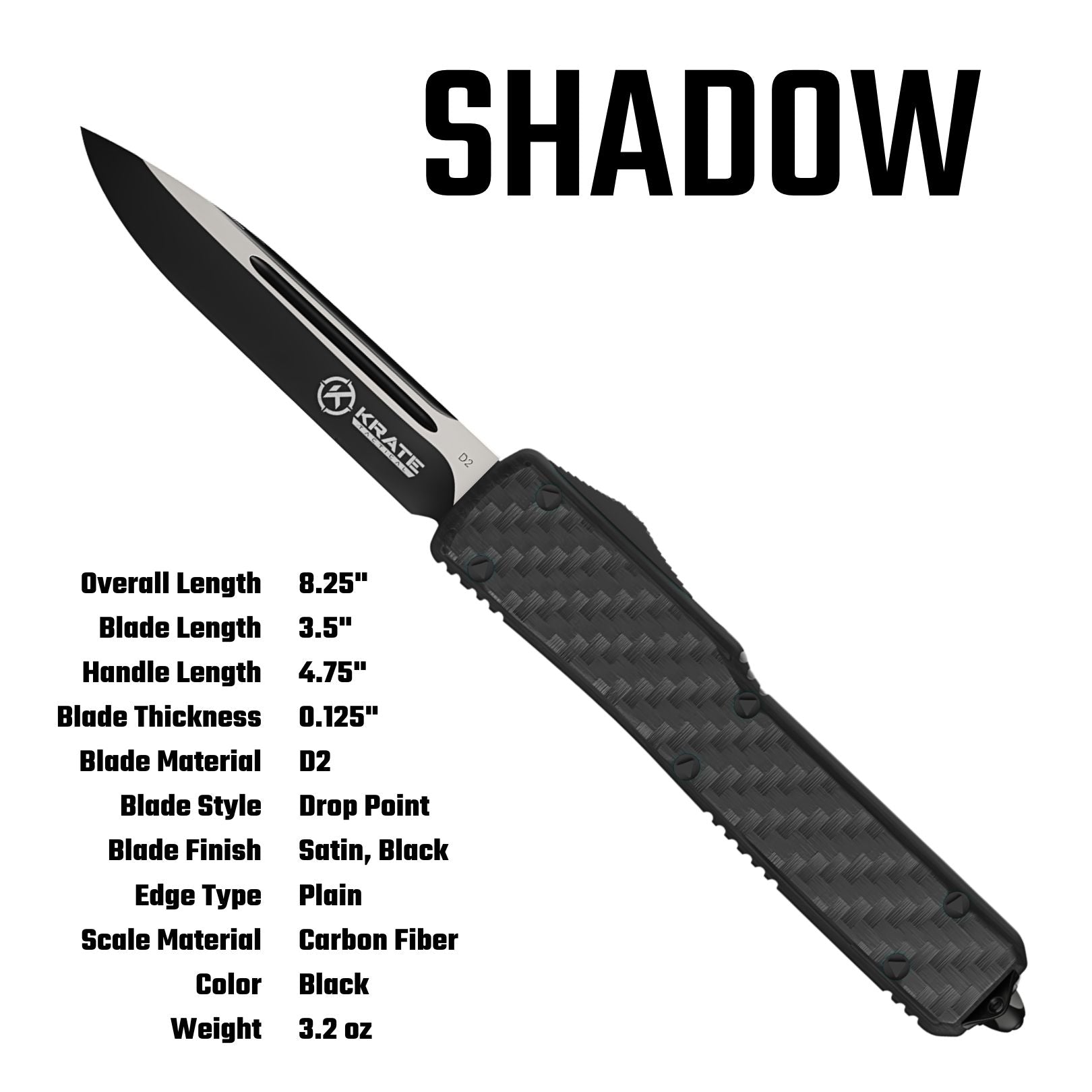 A black OTF knife labeled 'SHADOW' with a black textured handle and black blade, shown on a white background with product specifications listed below.