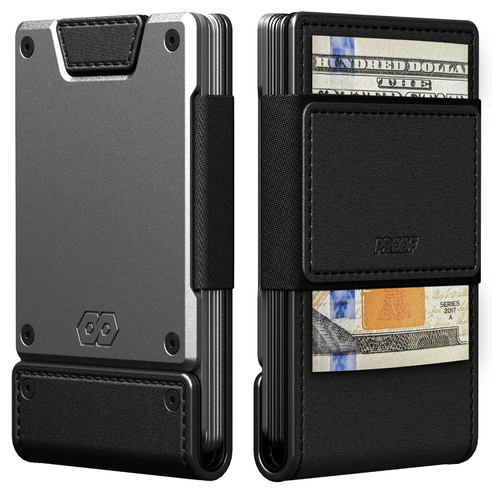 black leather proof wallet with satin gunmetal backing
