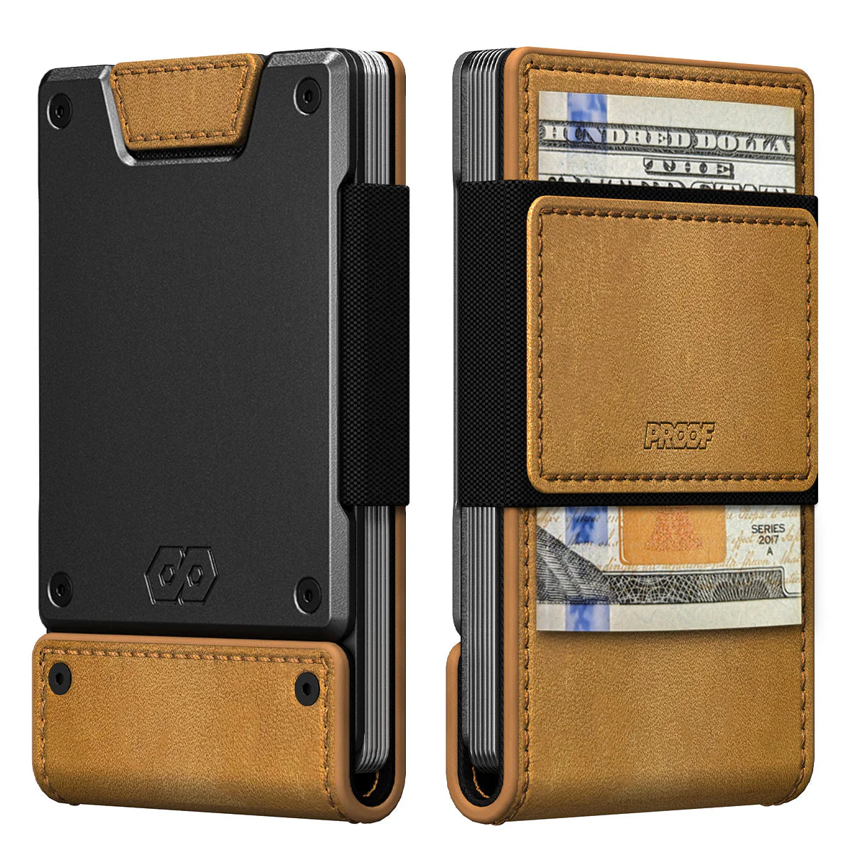 tobacco color leather proof wallet with dark gunmetal backing