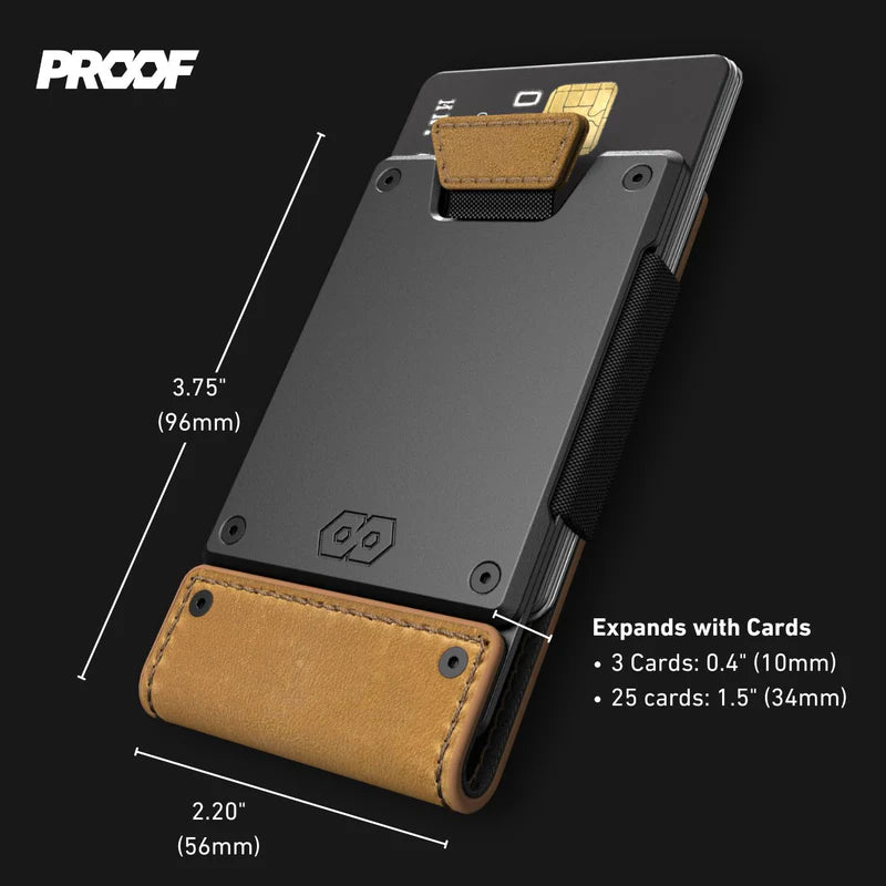 the executive proof wallet with measurements and expandable capacity details on a black background