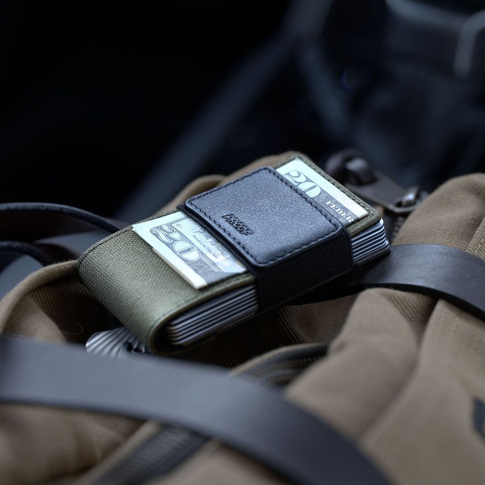 Close-up of green proof wallet on a dark background
