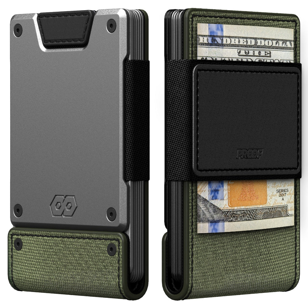 olive ballistic nylon wallet with black leather and gunmetal accents and proof branding