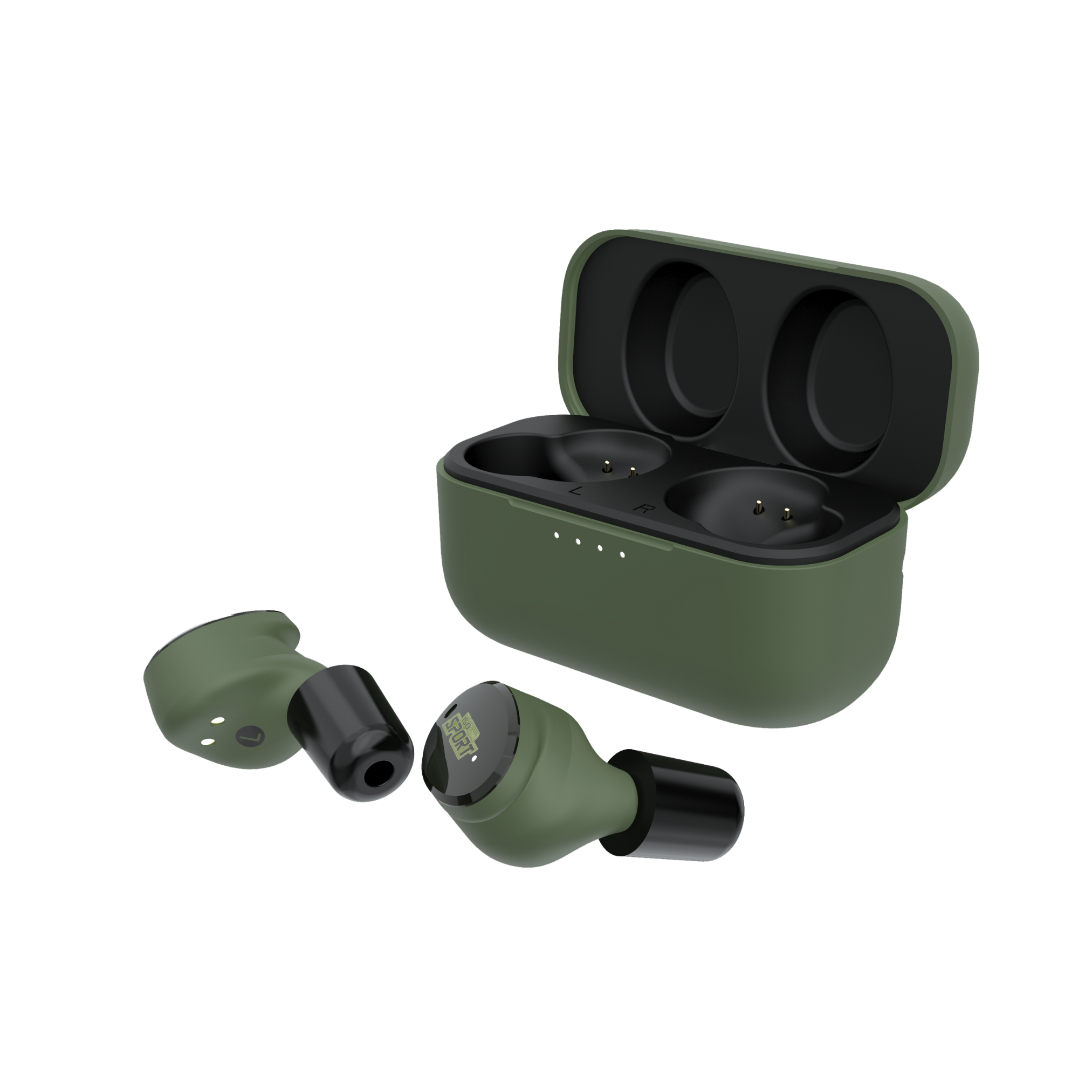 Green wireless earbuds with charging case on a white background