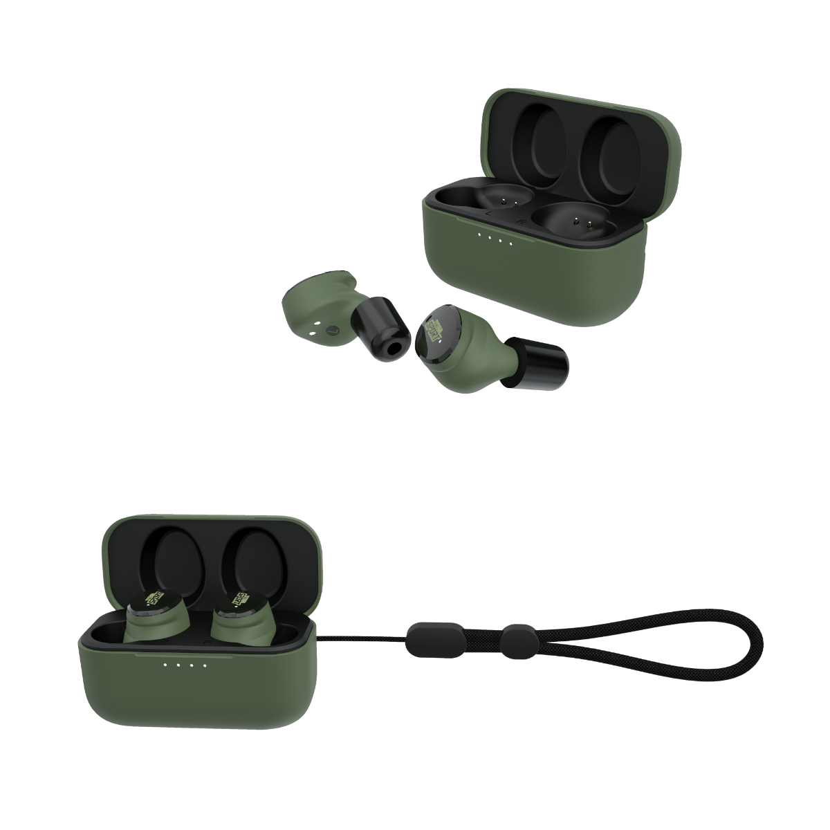 Green wireless earbuds with charging case on a white background