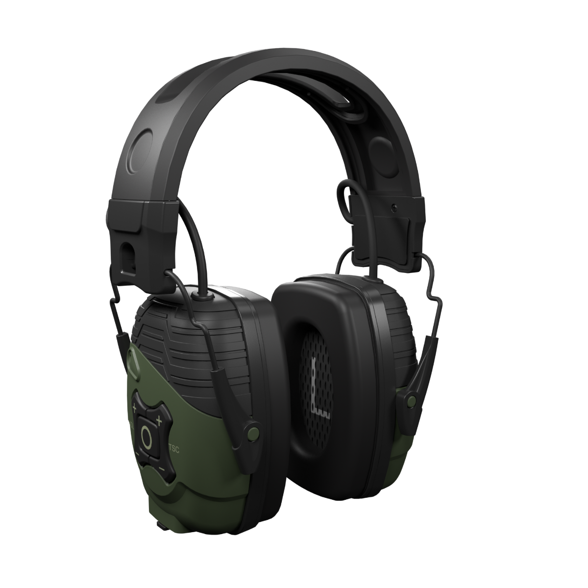 Black and green tactical ear gear headset on a white background