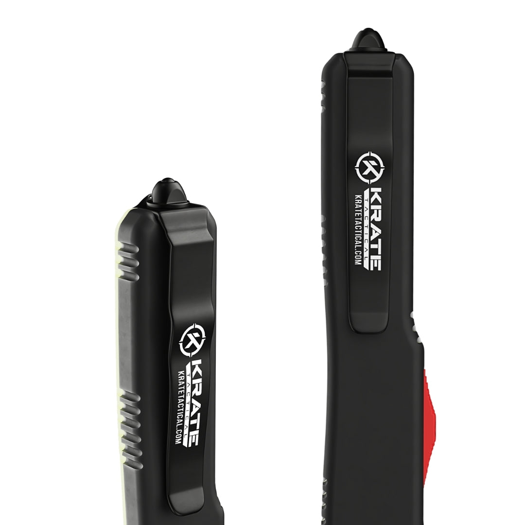 closeup of ceramic glass tip breaker and pocket carry clip on otf knife 