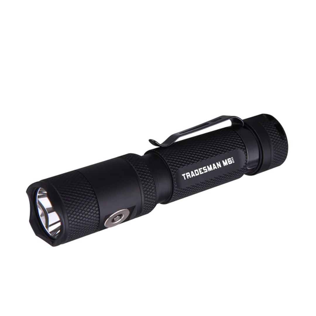 Black Powertac flashlight with 'Tradesman M6' branding on a white background