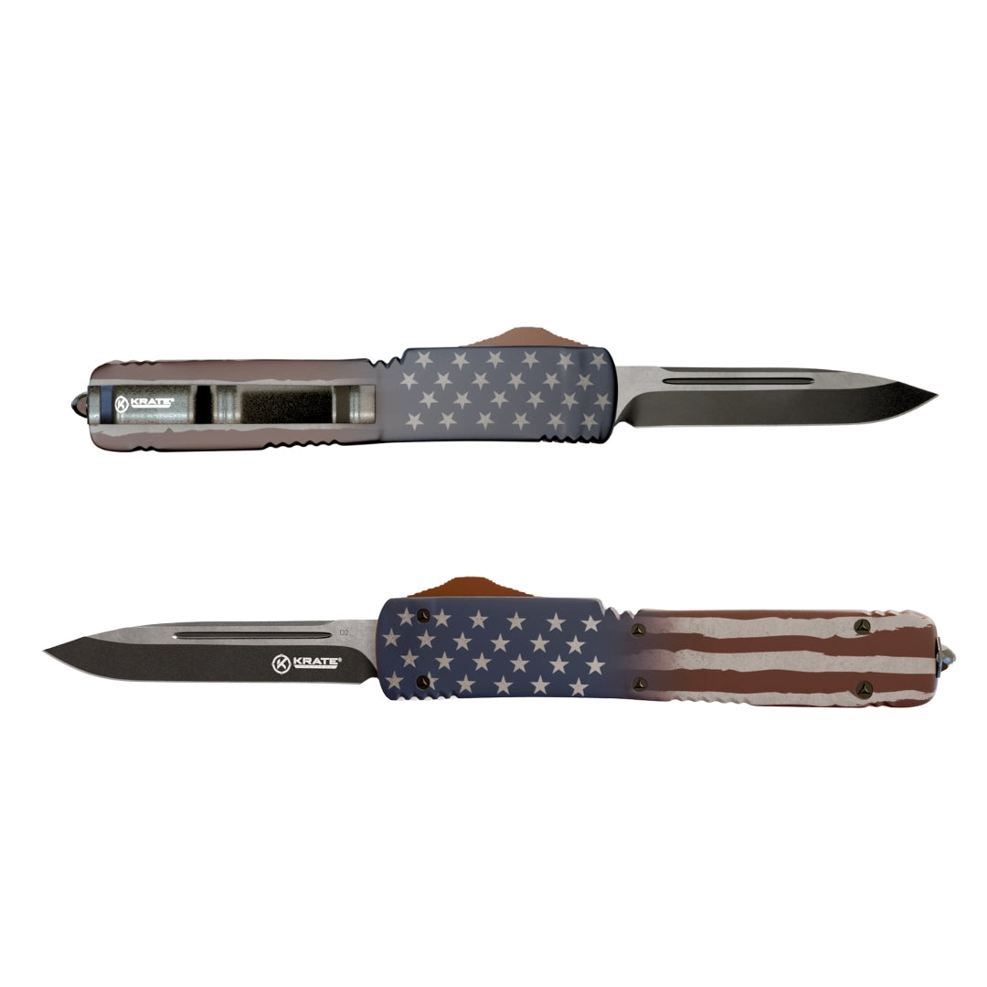 front and back view of american flag otf knife