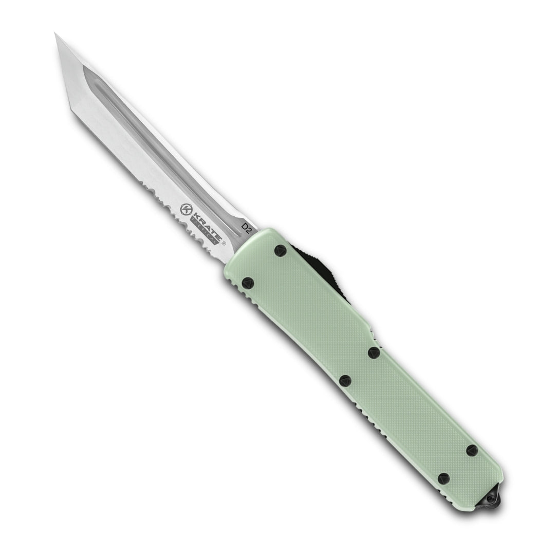barracuda otf knife with light green finish and black accents