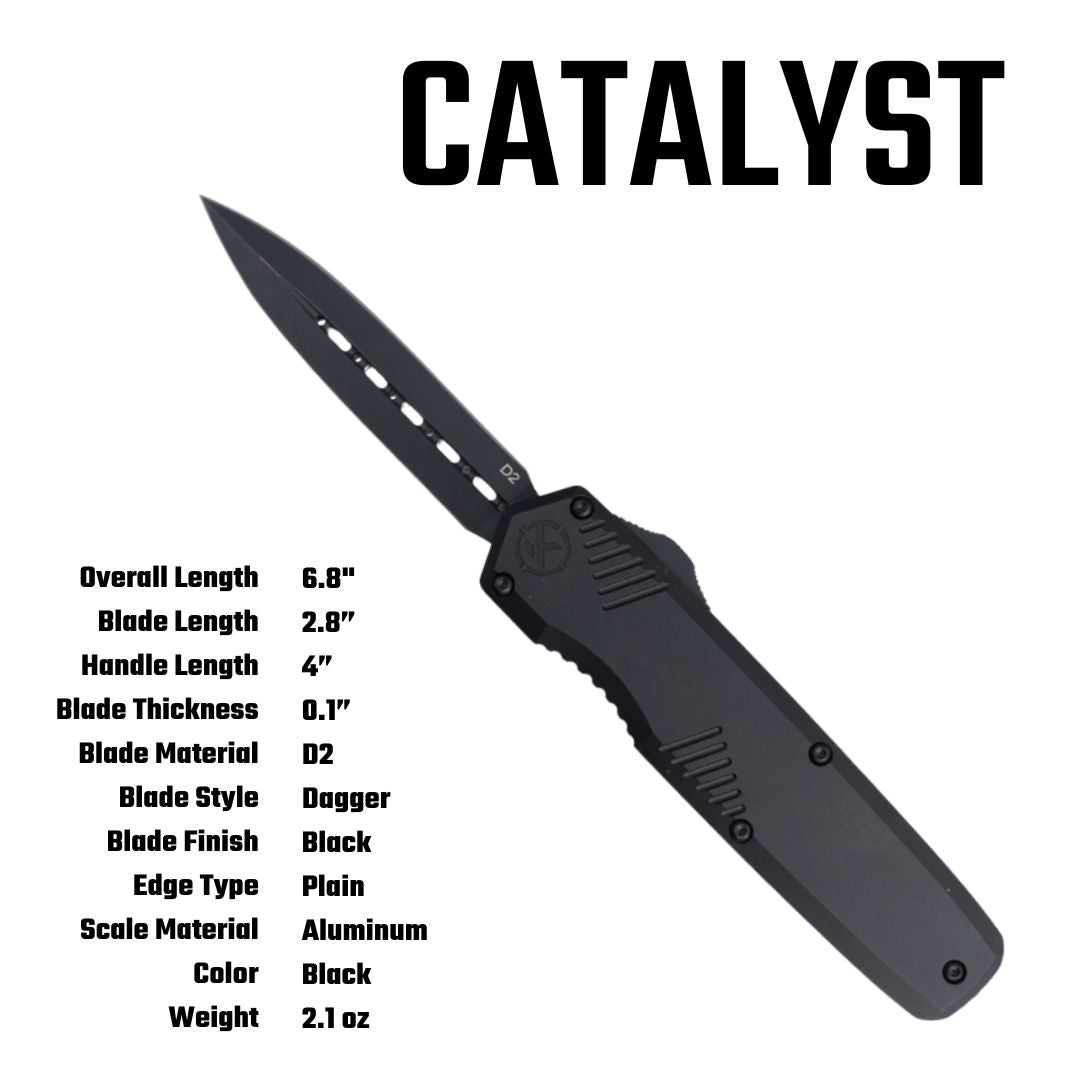 small otf knife on white background with detailed specifications and catalyst label 