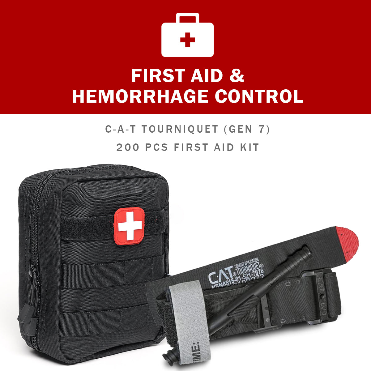 First aid kit with C-A-T tourniquet on a white background