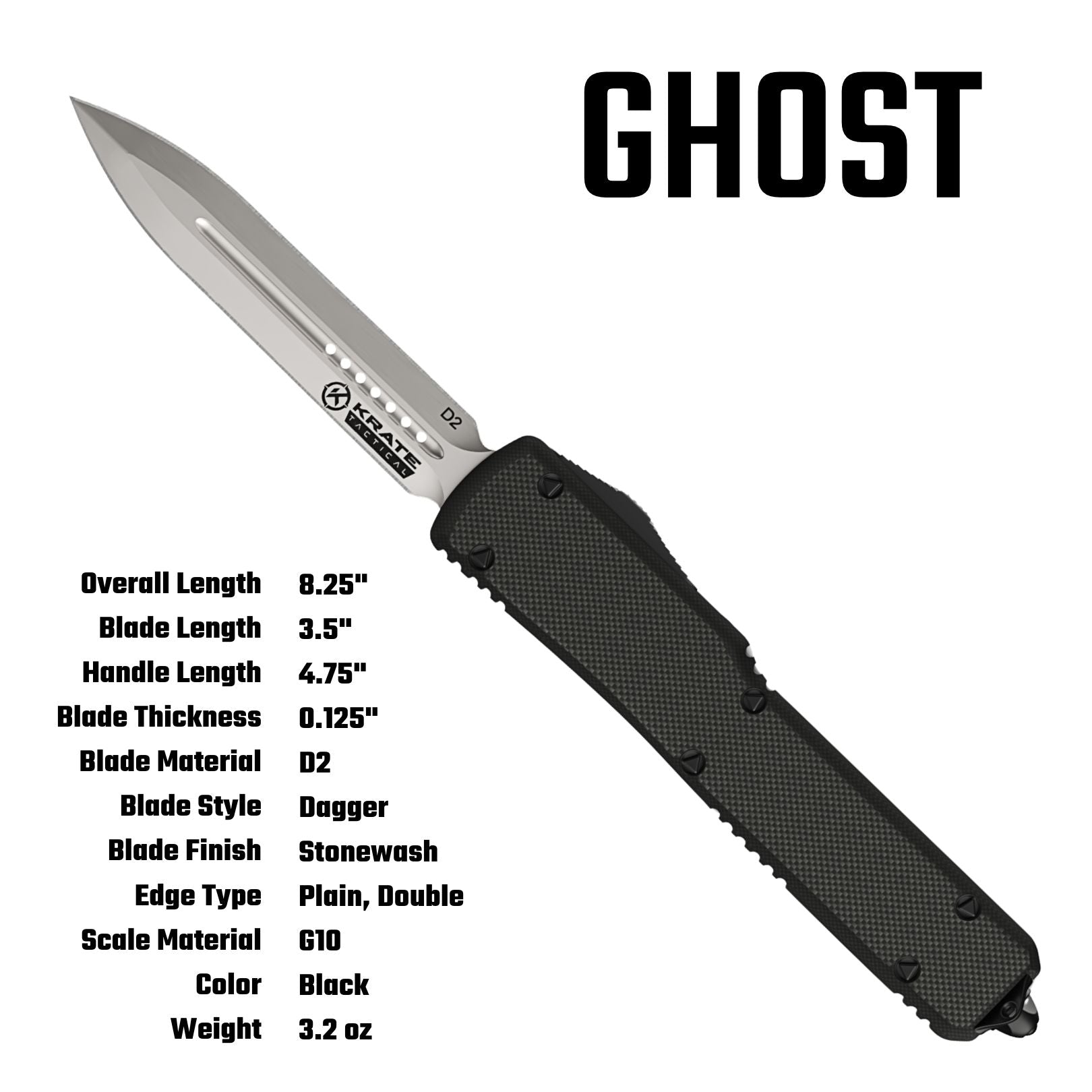 OTF knife with a black textured handle and a silver steel blade, shown on a white background with product specifications listed on the left and the model name 'GHOST' in bold text at the top right.