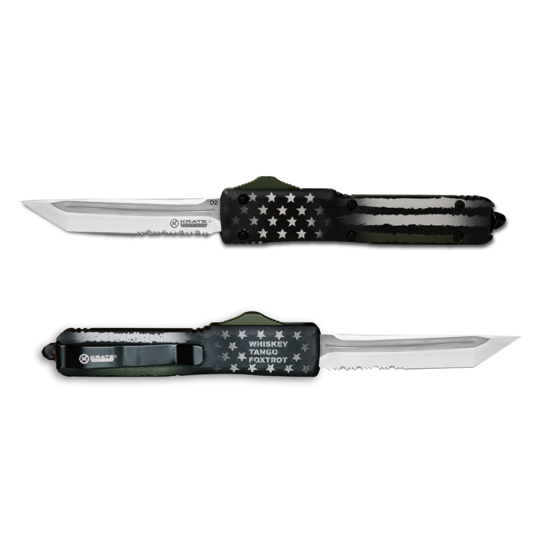 front and back view of green line otf knife with american flag design, green accents, and text saying whiskey, tango, foxtrot.