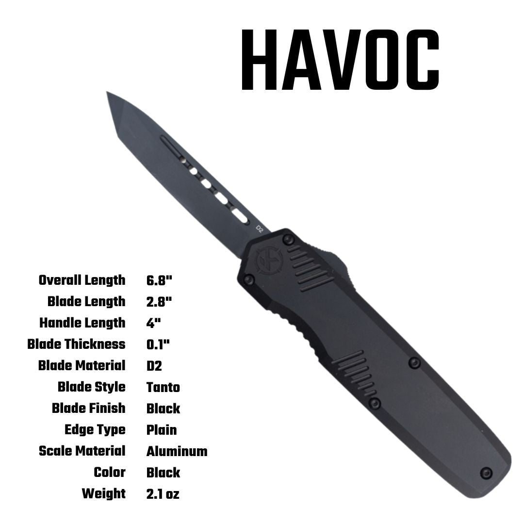 small otf knife on white background with detailed specifications and havoc label 
