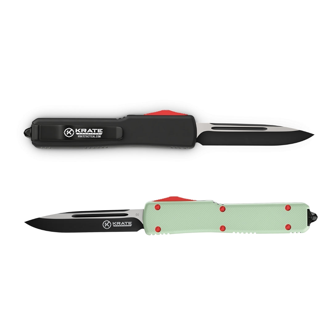 front and back view of jade otf knife with single edged blade