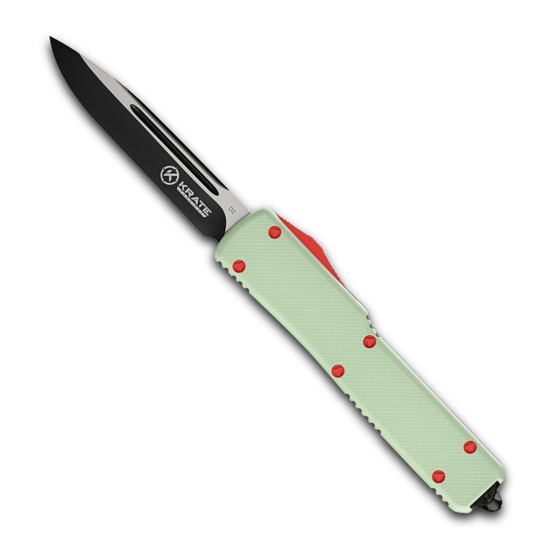 jade otf knife with light green finish and red details