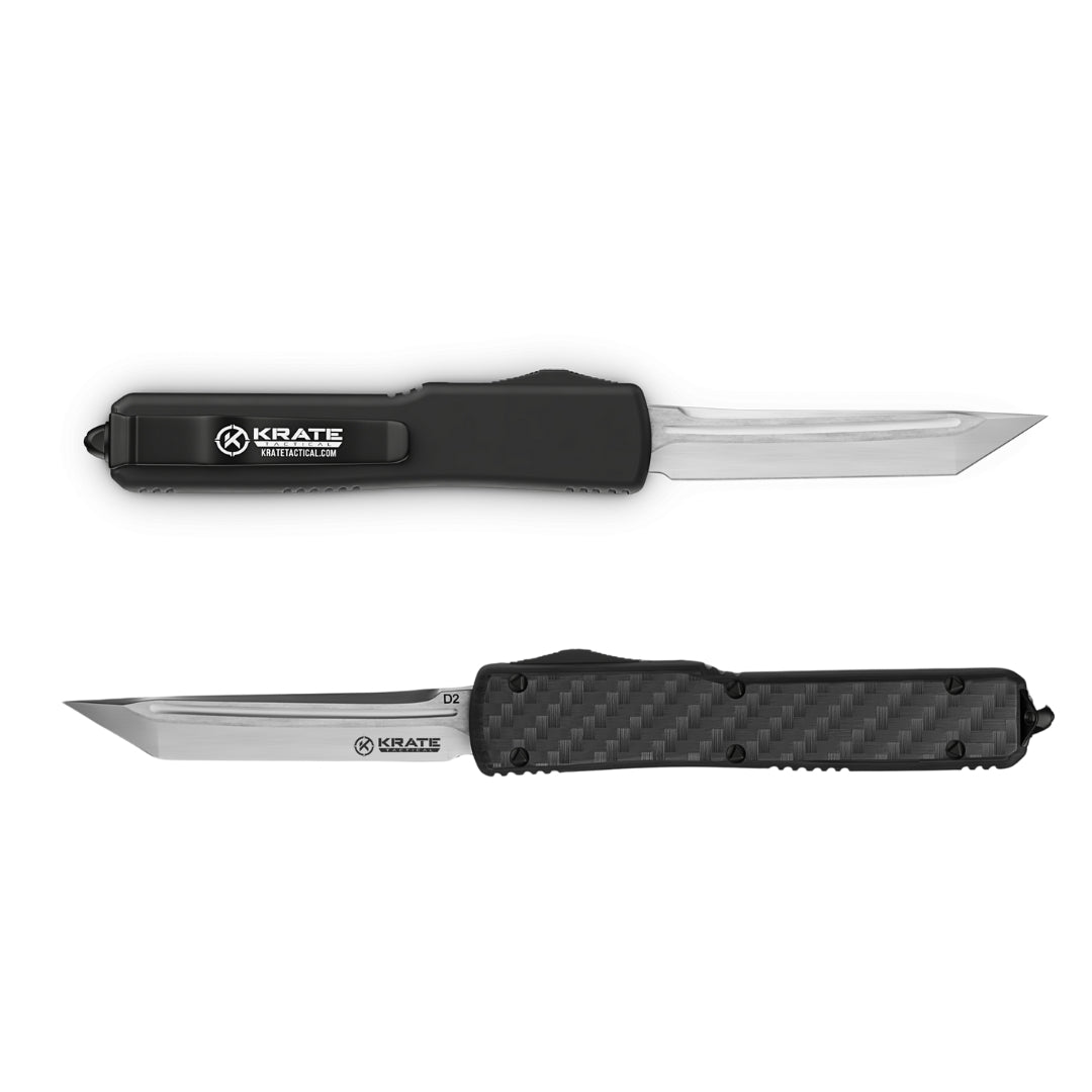 front and back view of karma otf knife