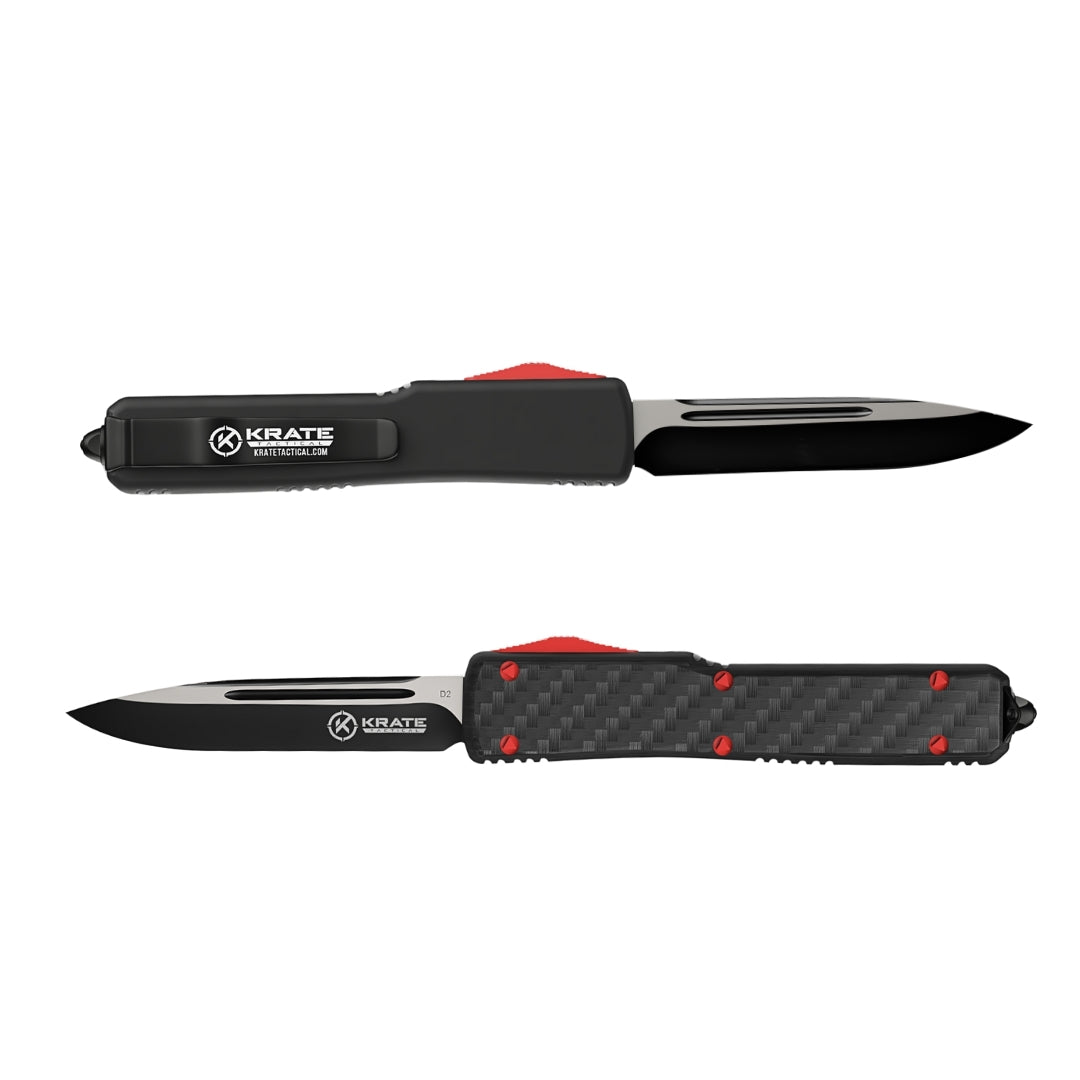 front and back view of krate carbon fiber otf knife