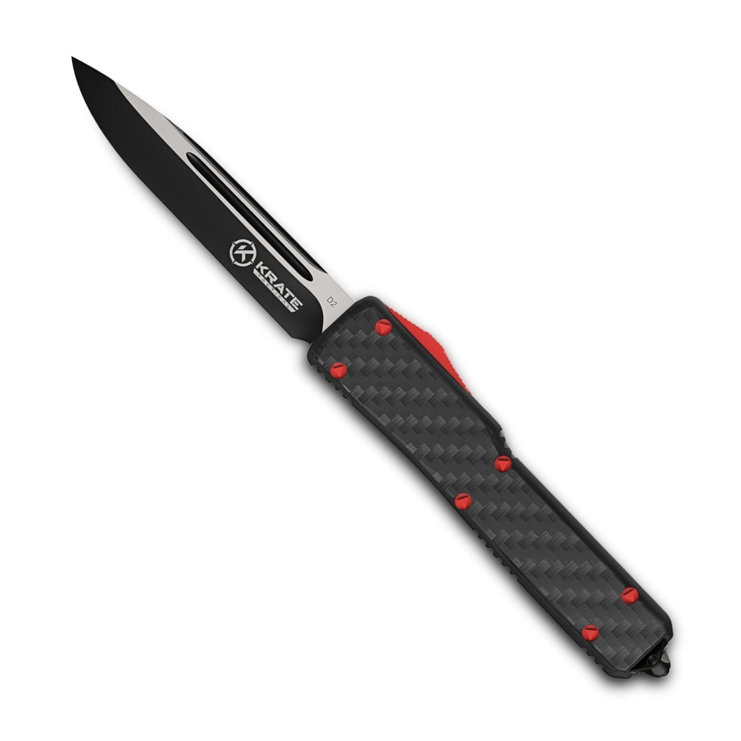 krate otf carbon fiber knife, black design with red accents