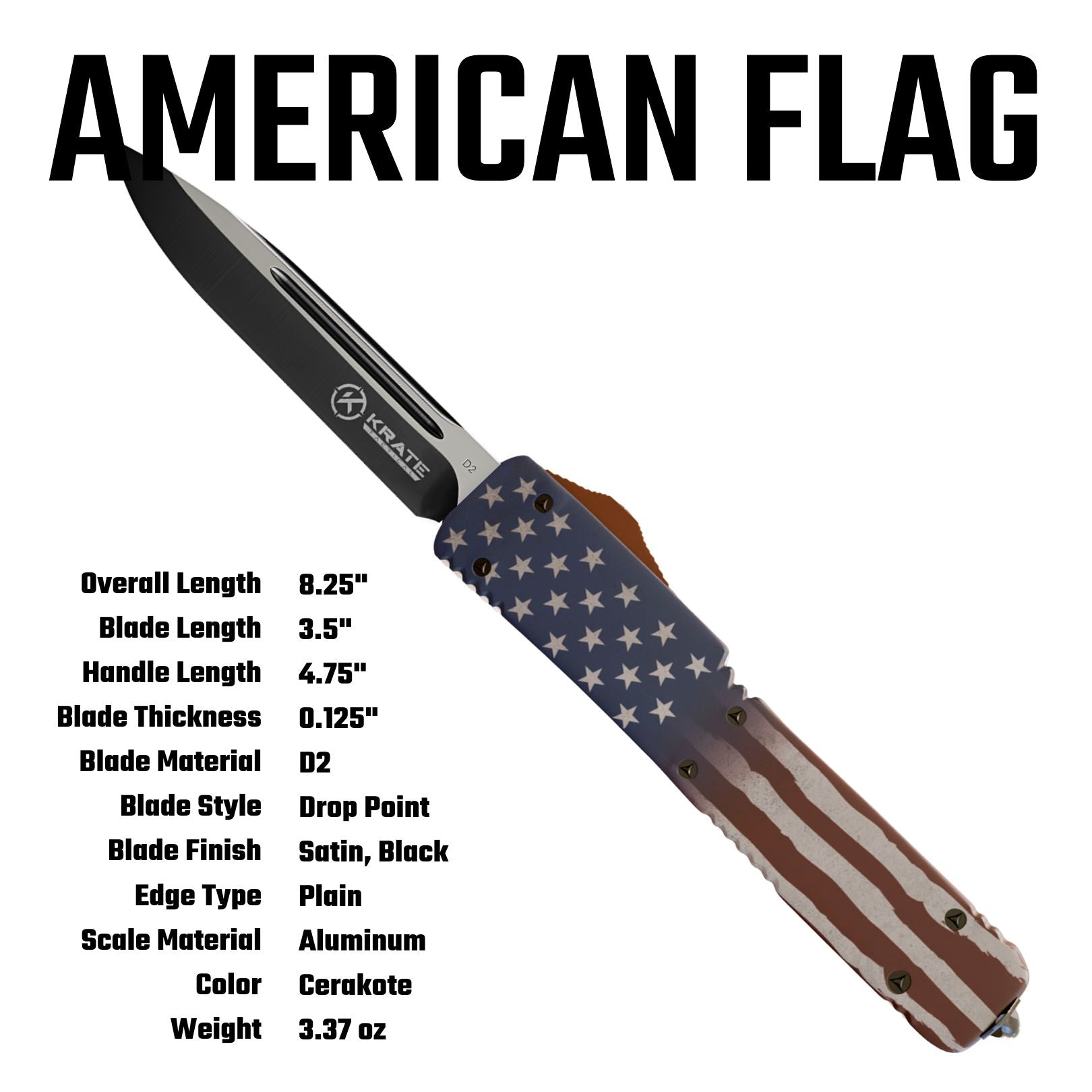 OTF knife with a black blade and a handle featuring an American flag pattern, shown on a white background with product specifications listed below.