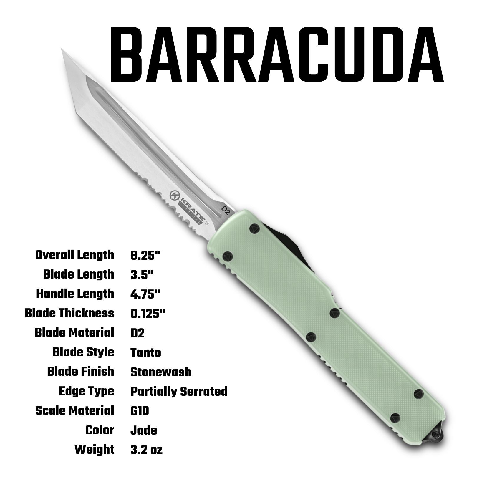 Barracuda otf knife with a jade green handle and silver partially serrated blade, shown on a white background with product specifications listed on the left.