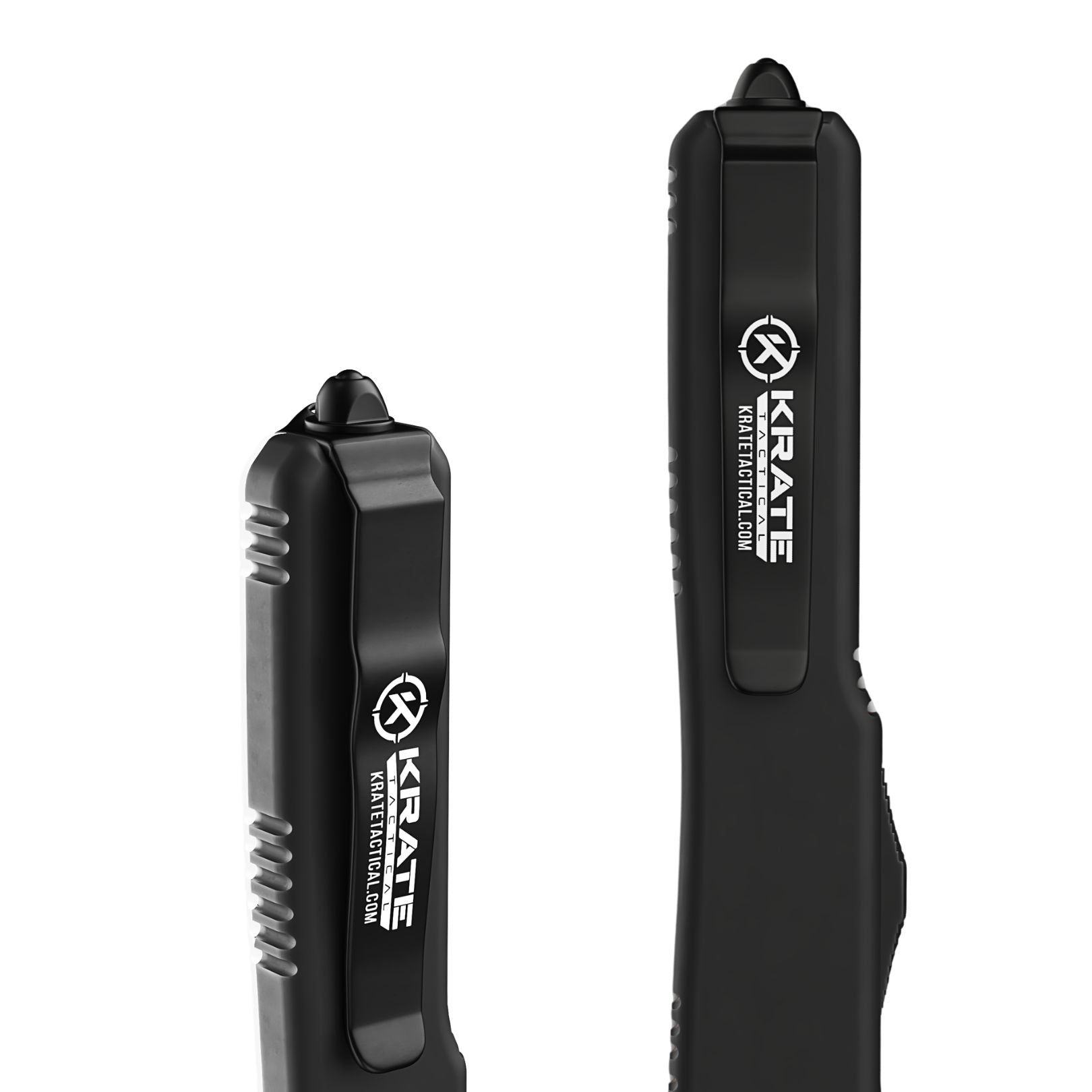 black tactical OTF knife handle with ceramic glass breaker tip