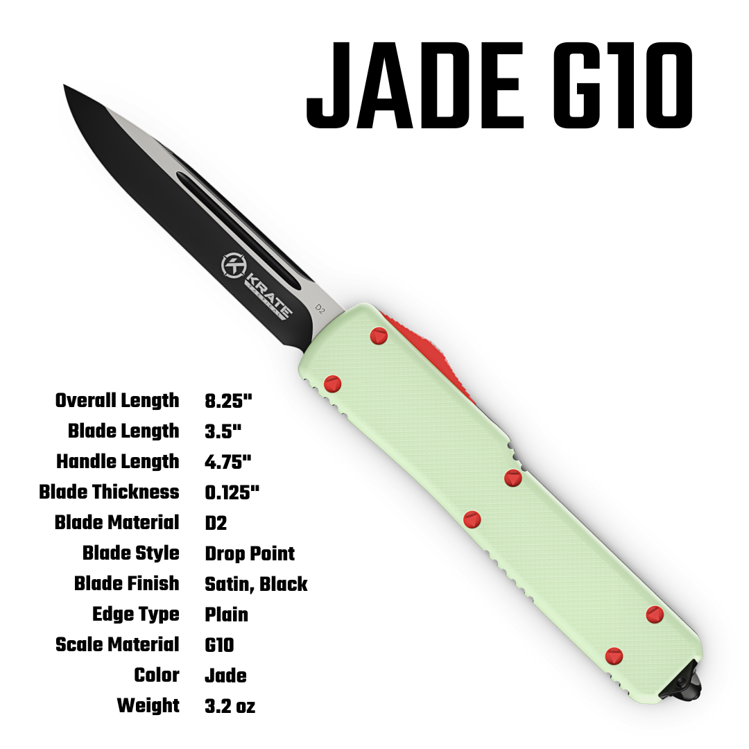 Jade G10 OTF knife with a light jade green handle, black drop-point blade, and red accents, shown on a white background with product specifications listed on the left and 'JADE G10' text on the right.