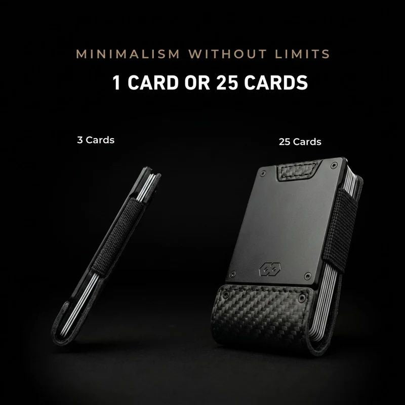 Black wallet with carbon fiber details on a black background, featuring text about card capacity options.