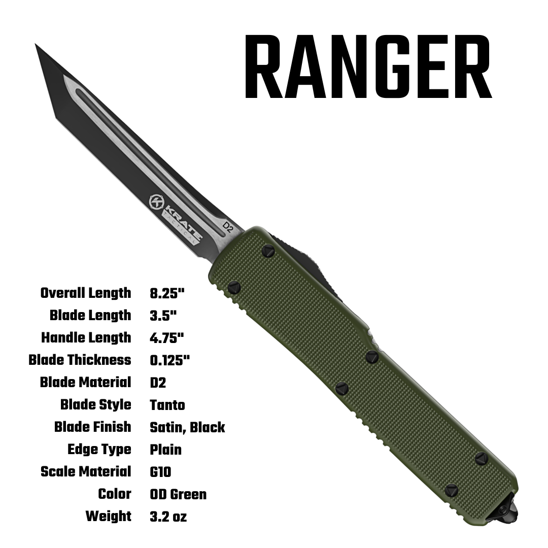 A tactical otf knife labeled 'RANGER' with a black blade and an olive drab green handle, shown on a white background with product specifications listed on the left and large 'RANGER' text at the top right.
