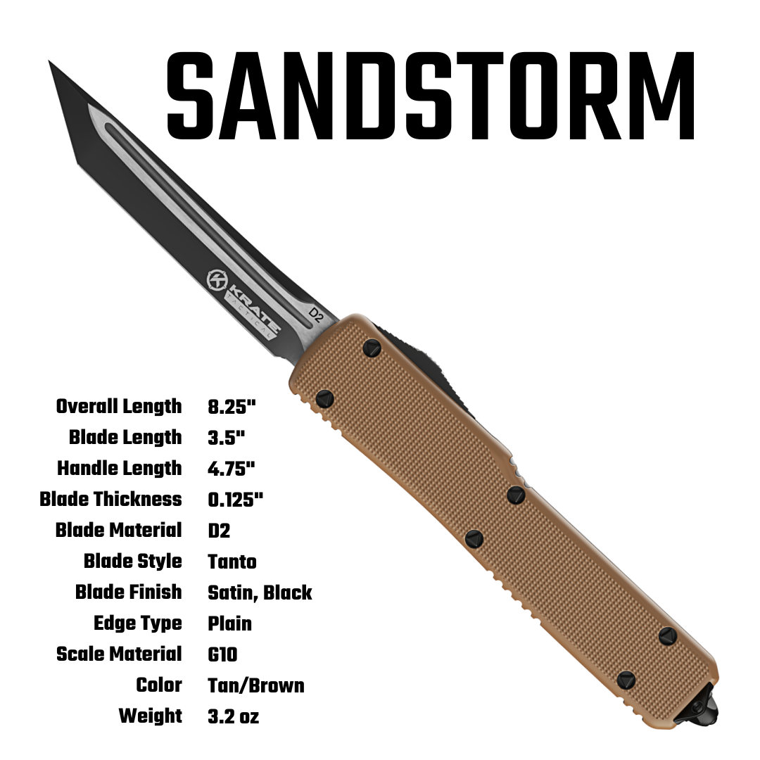 Sandstorm OT knife with a tan G10 handle and a satin black blade, shown on a white background with product specifications listed below the product name.