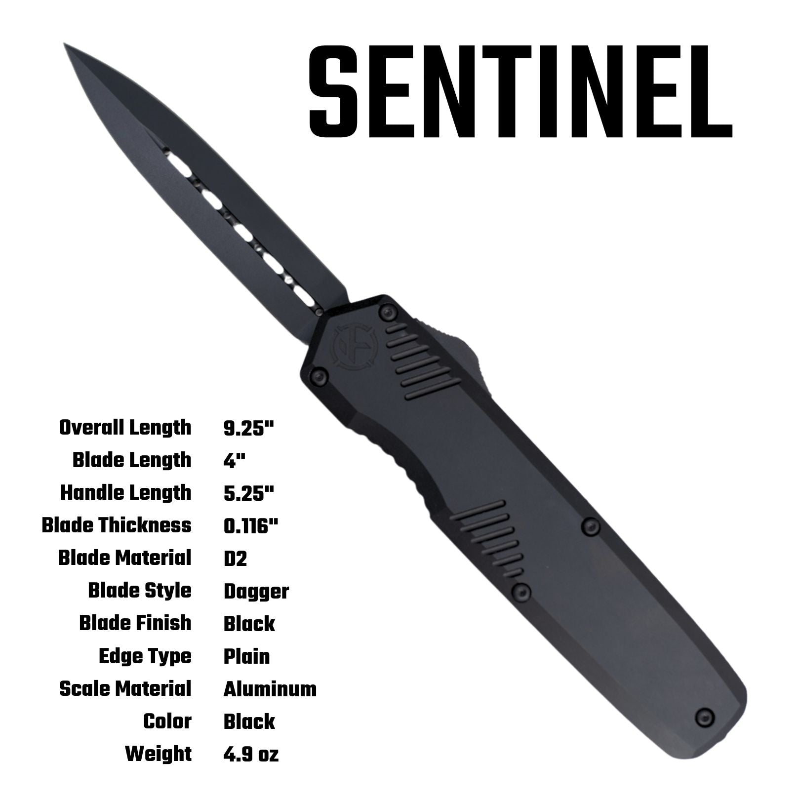 A black tactical OTF knife labeled SENTINEL, shown on a white background with product specifications listed on the left side.