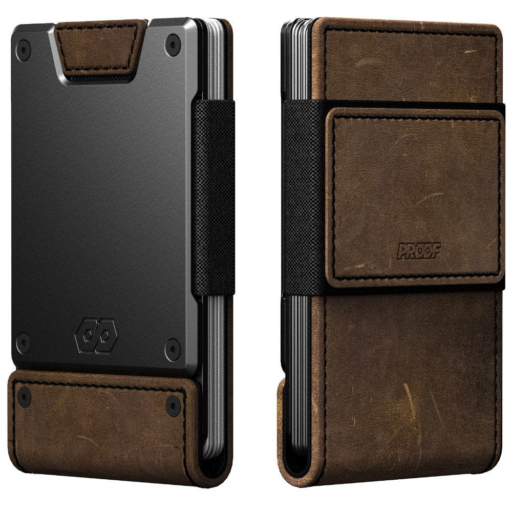 dark brown leather wallet with dark gunmetal accents on white background
