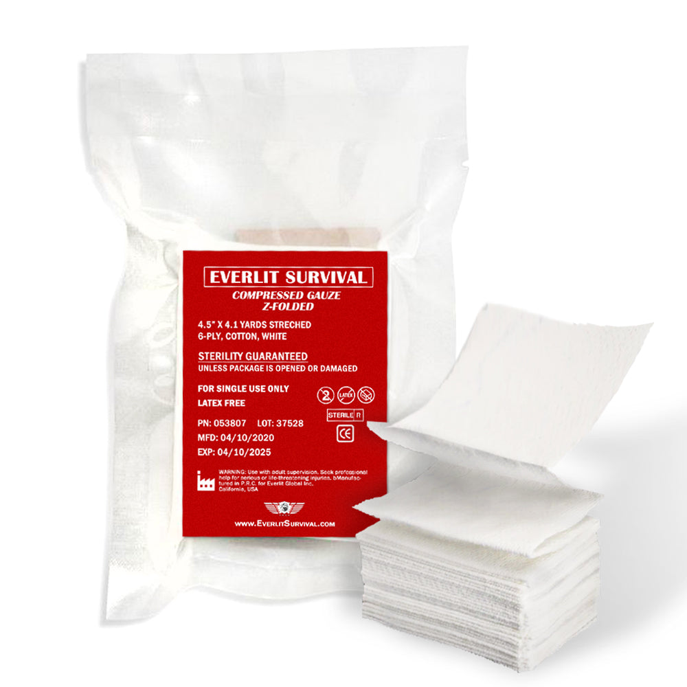 Everlit Survival Compressed Gauze package with white gauze pads on a white background